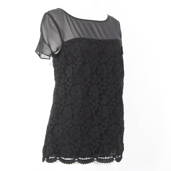 St John Sz 4 Black Sheer Lined Lace Overlay Floral Cotton Rayon Silk Dressy Top