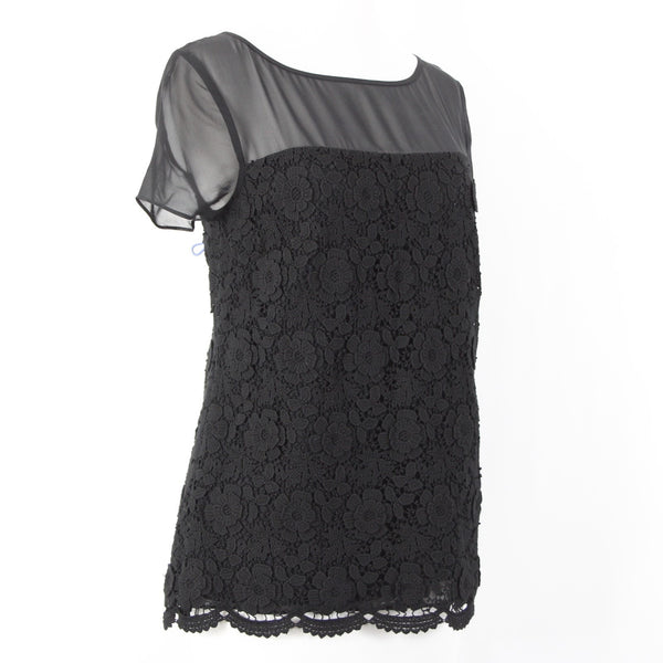 St John Sz 4 Black Sheer Lined Lace Overlay Floral Cotton Rayon Silk Dressy Top