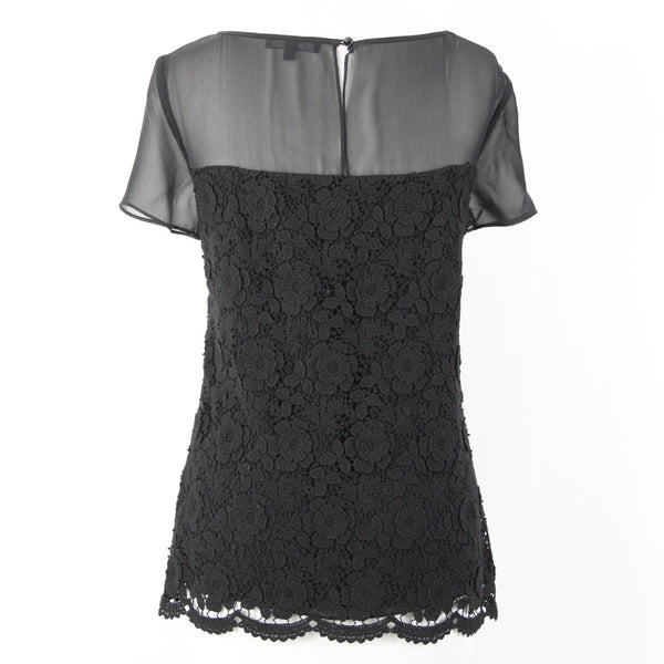 St John Sz 4 Black Sheer Lined Lace Overlay Floral Cotton Rayon Silk Dressy Top