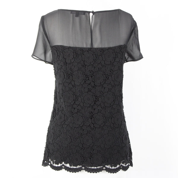 St John Sz 4 Black Sheer Lined Lace Overlay Floral Cotton Rayon Silk Dressy Top