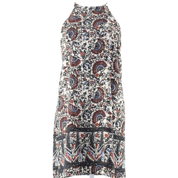 Tyche Sz S Beige Black Blue Red Multi Keyhole Back 100% Poly Shift Dress