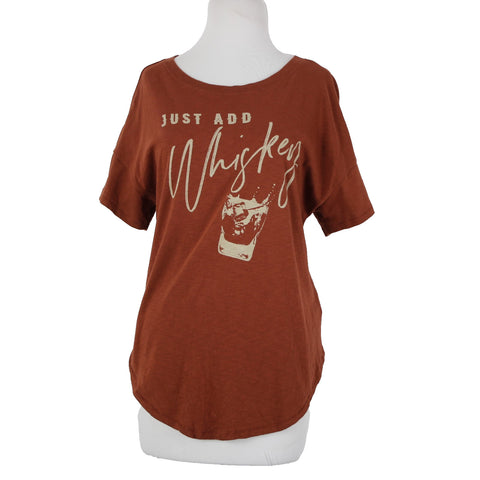 Shyanne Sz M Rust Brown Tan Just Add Whiskey Graphic Hi Lo 100% Cotton Top
