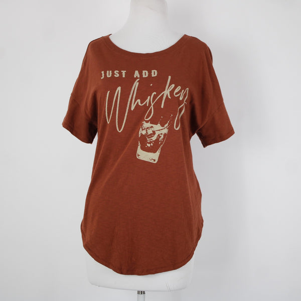Shyanne Sz M Rust Brown Tan Just Add Whiskey Graphic Hi Lo 100% Cotton Top