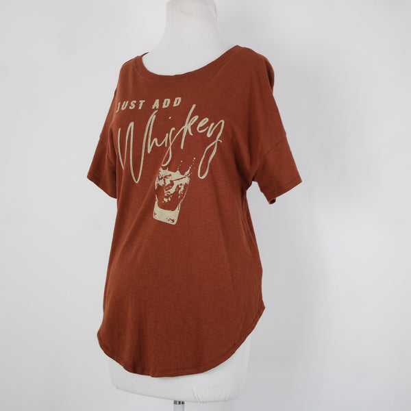 Shyanne Sz M Rust Brown Tan Just Add Whiskey Graphic Hi Lo 100% Cotton Top