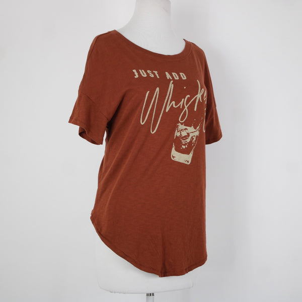 Shyanne Sz M Rust Brown Tan Just Add Whiskey Graphic Hi Lo 100% Cotton Top