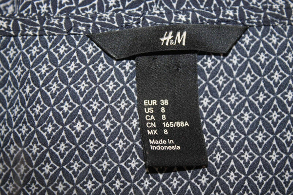 H&M Sz 8 Navy Blue White Kimono Sleeves Split Sides Pullover Woven Dress