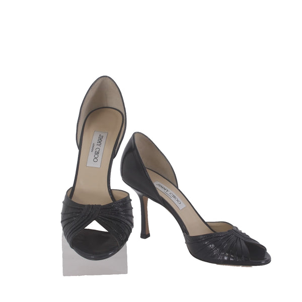 Jimmy Choo Heels Sz 39.5 Black Peep Toe Micro Gathered Leather 3.5" AS IS Heels