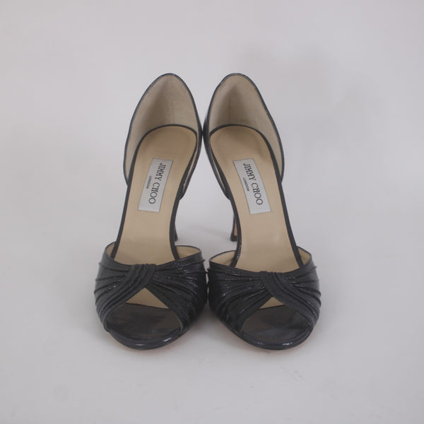 Jimmy Choo Heels Sz 39.5 Black Peep Toe Micro Gathered Leather 3.5" AS IS Heels