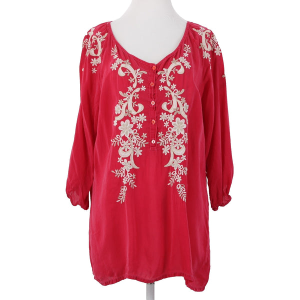 Johnny Was Sz L Magenta Pink Tan Ivory 3/4 Slv Embroidered Button Frnt Rayon Top