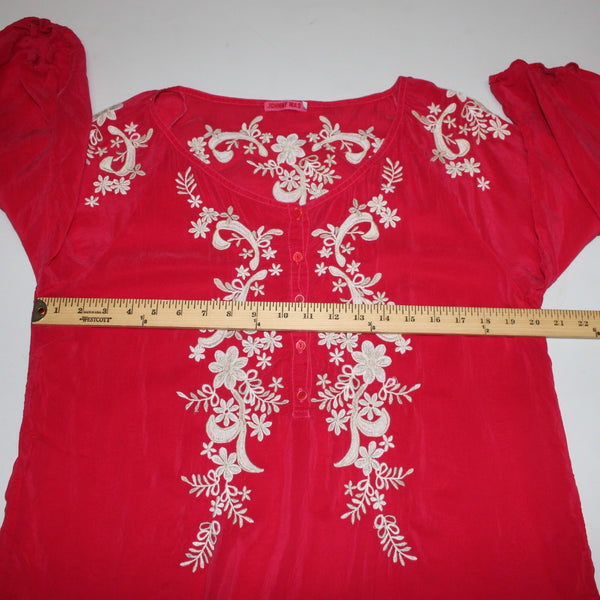 Johnny Was Sz L Magenta Pink Tan Ivory 3/4 Slv Embroidered Button Frnt Rayon Top