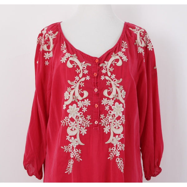 Johnny Was Sz L Magenta Pink Tan Ivory 3/4 Slv Embroidered Button Frnt Rayon Top