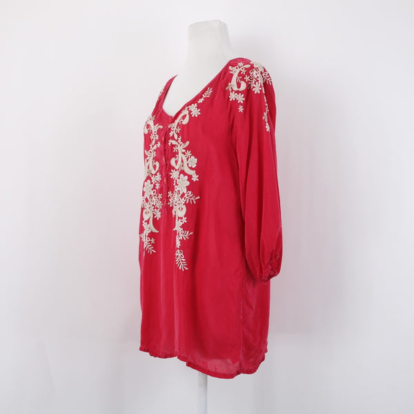 Johnny Was Sz L Magenta Pink Tan Ivory 3/4 Slv Embroidered Button Frnt Rayon Top