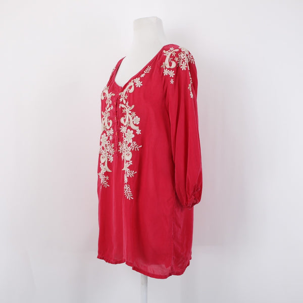 Johnny Was Sz L Magenta Pink Tan Ivory 3/4 Slv Embroidered Button Frnt Rayon Top