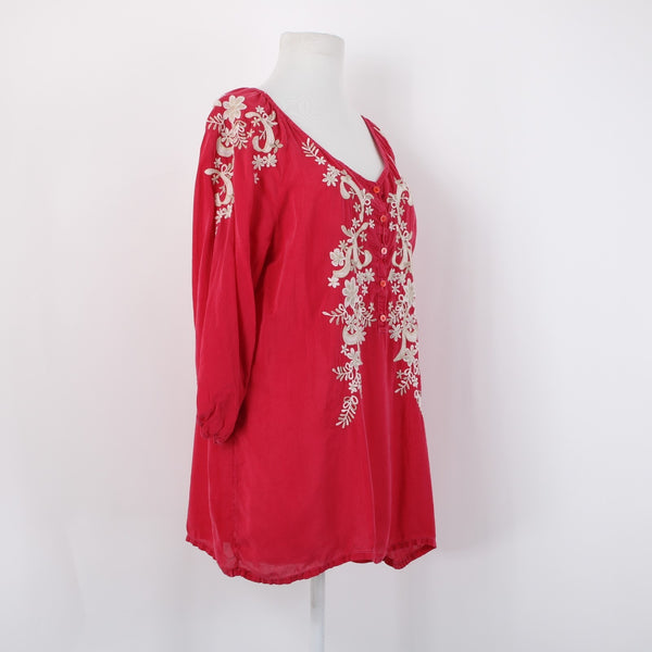 Johnny Was Sz L Magenta Pink Tan Ivory 3/4 Slv Embroidered Button Frnt Rayon Top