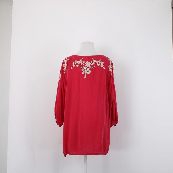 Johnny Was Sz L Magenta Pink Tan Ivory 3/4 Slv Embroidered Button Frnt Rayon Top