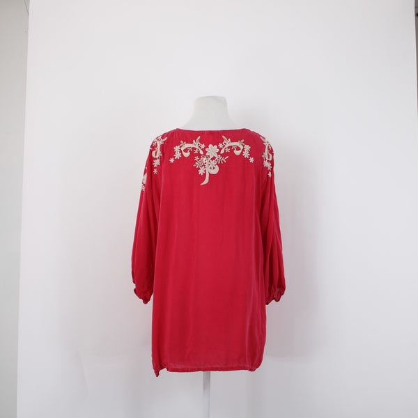 Johnny Was Sz L Magenta Pink Tan Ivory 3/4 Slv Embroidered Button Frnt Rayon Top