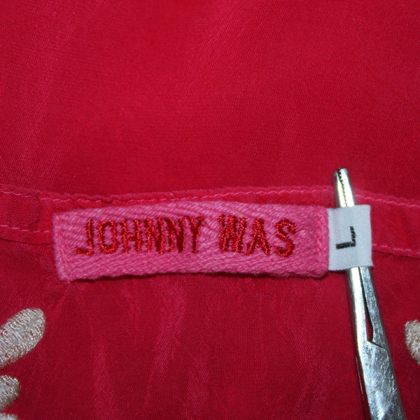Johnny Was Sz L Magenta Pink Tan Ivory 3/4 Slv Embroidered Button Frnt Rayon Top