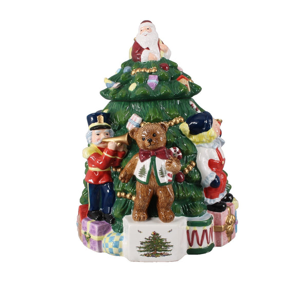 Spode Cookie Jar Christmas Tree Hand Painted Earthenware 2 Pc 13" Cookie Jar