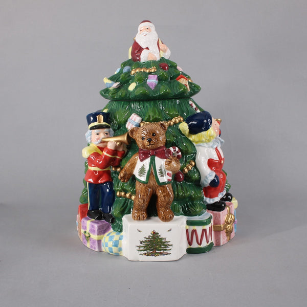Spode Cookie Jar Christmas Tree Hand Painted Earthenware 2 Pc 13" Cookie Jar