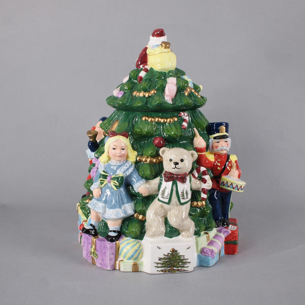Spode Cookie Jar Christmas Tree Hand Painted Earthenware 2 Pc 13" Cookie Jar