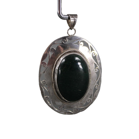 Sterling Silver Filigree Dark Green Cabochon Stone 2.75" Pendant