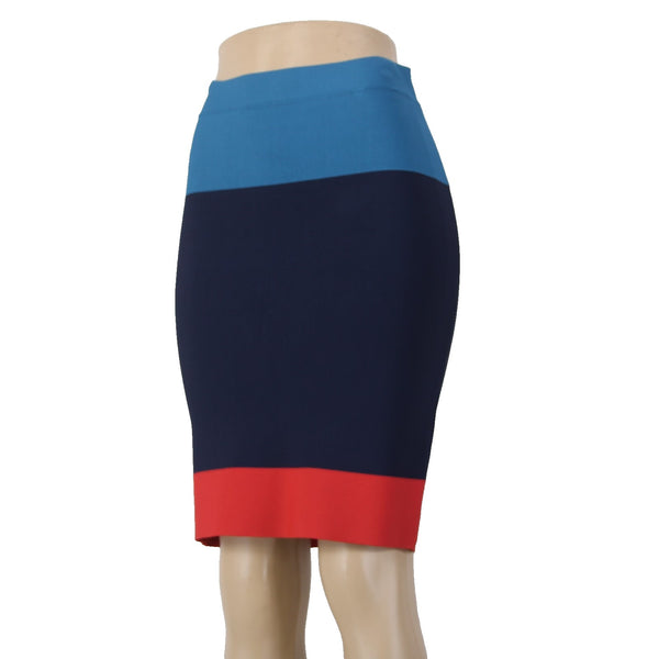BCBGMaxazria Skirt Sz M Blue Navy Coral Color Block Pull On Rayon Nylon Skirt