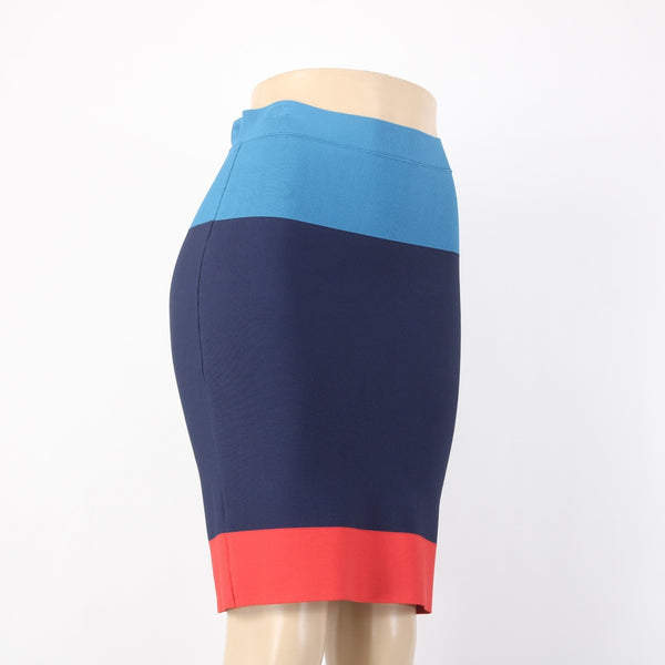 BCBGMaxazria Skirt Sz M Blue Navy Coral Color Block Pull On Rayon Nylon Skirt
