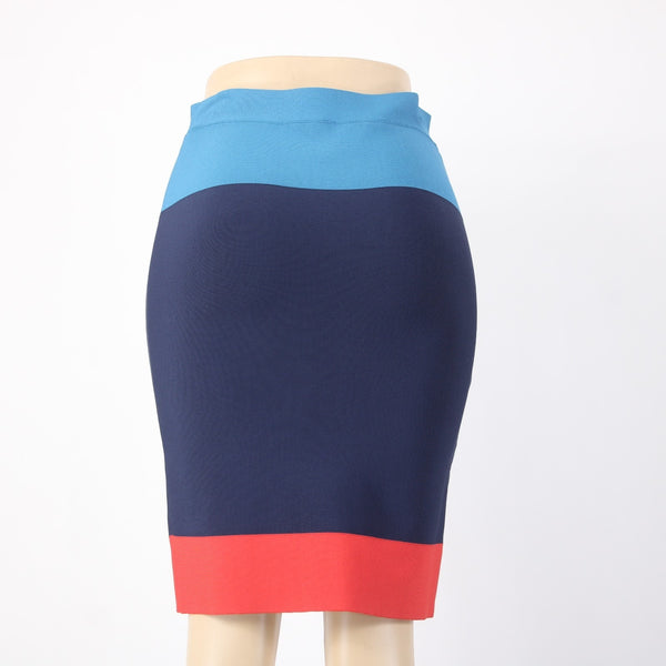 BCBGMaxazria Skirt Sz M Blue Navy Coral Color Block Pull On Rayon Nylon Skirt