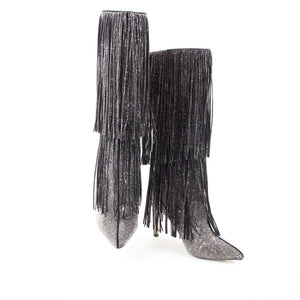 INC Ishani Sz 9M Black Silver Rhinestones Fringe Man Made Fabric 3.5" Calf Boot