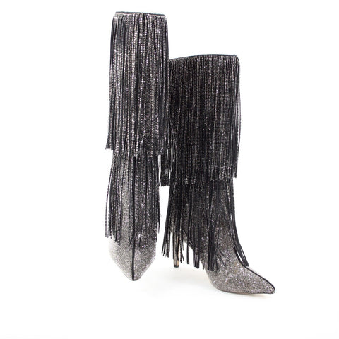 INC Ishani Sz 9M Black Silver Rhinestones Fringe Man Made Fabric 3.5" Calf Boot