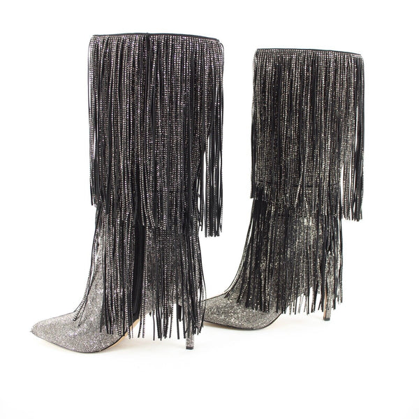 INC Ishani Sz 9M Black Silver Rhinestones Fringe Man Made Fabric 3.5" Calf Boot