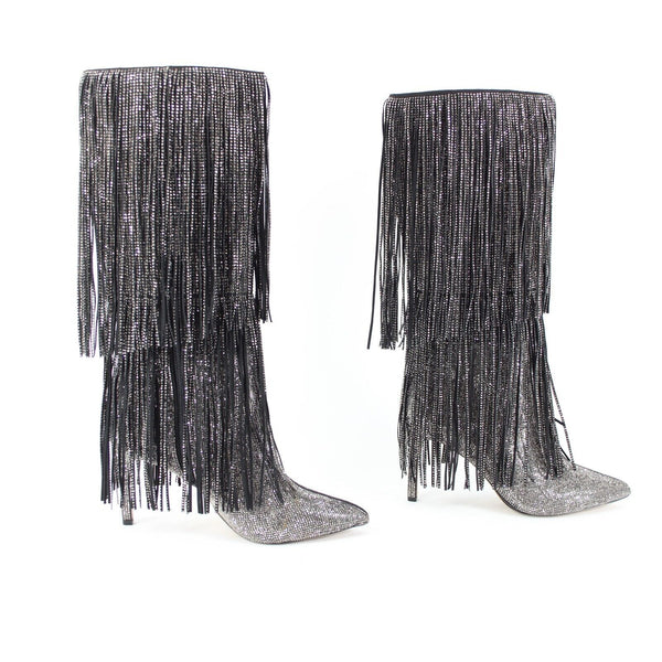 INC Ishani Sz 9M Black Silver Rhinestones Fringe Man Made Fabric 3.5" Calf Boot