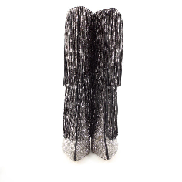 INC Ishani Sz 9M Black Silver Rhinestones Fringe Man Made Fabric 3.5" Calf Boot