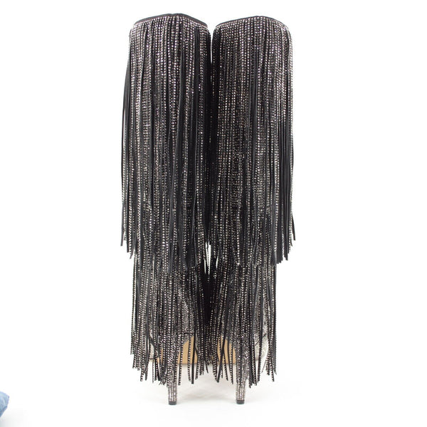 INC Ishani Sz 9M Black Silver Rhinestones Fringe Man Made Fabric 3.5" Calf Boot