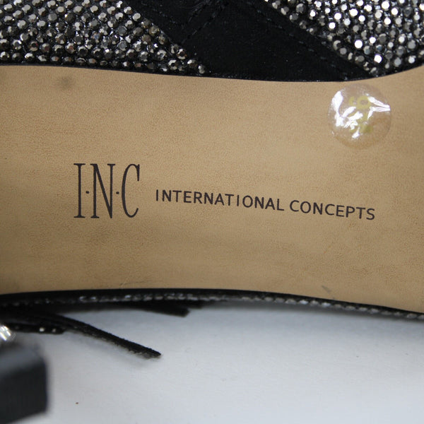 INC Ishani Sz 9M Black Silver Rhinestones Fringe Man Made Fabric 3.5" Calf Boot