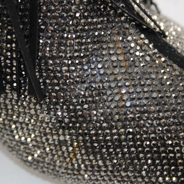 INC Ishani Sz 9M Black Silver Rhinestones Fringe Man Made Fabric 3.5" Calf Boot