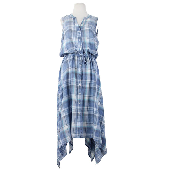 Tommy Hilfiger NEW $120 Monterey Sz 10 Blue White Aqua Plaid Asymm Poly Dress