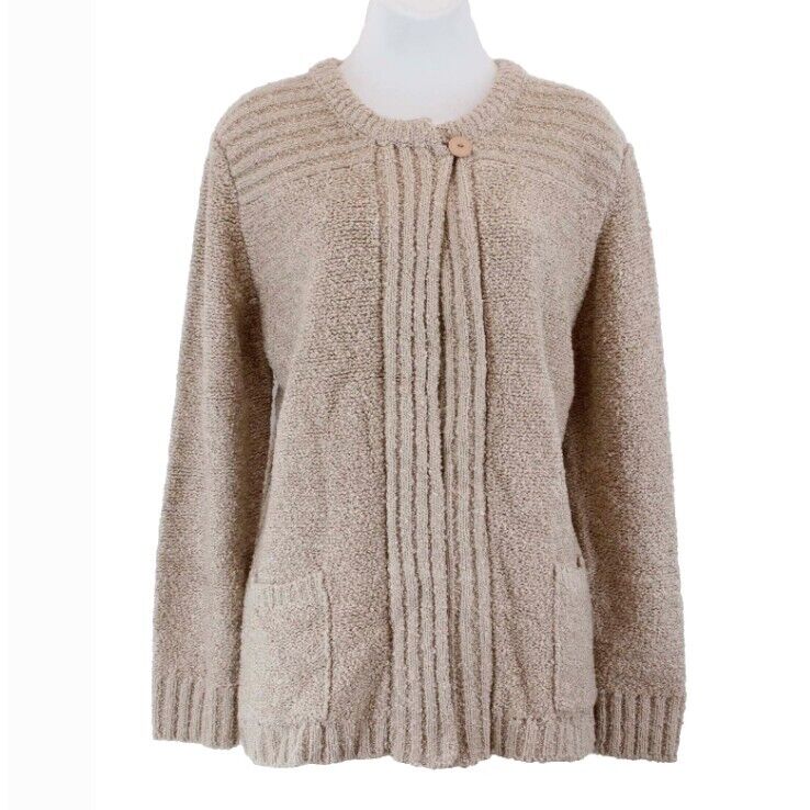 Lauresse Sz L Beige 100% Acrylic Ribbed Accent Knit Pocket Cardigan Sweater