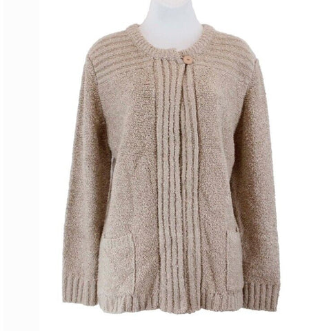 Lauresse Sz L Beige 100% Acrylic Ribbed Accent Knit Pocket Cardigan Sweater