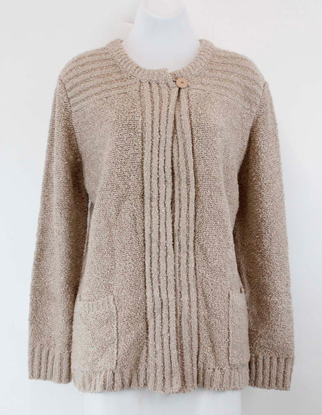 Lauresse Sz L Beige 100% Acrylic Ribbed Accent Knit Pocket Cardigan Sweater