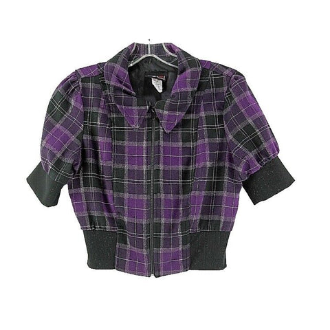 Digit@l Sz S Purple Black Silver Plaid Poly Blend S Sleeve Zip Front Jacket