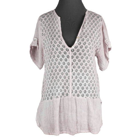 M NEW $100 Sz M Pink Ivory Lace Textured Round Bottom Pullover Woven Top