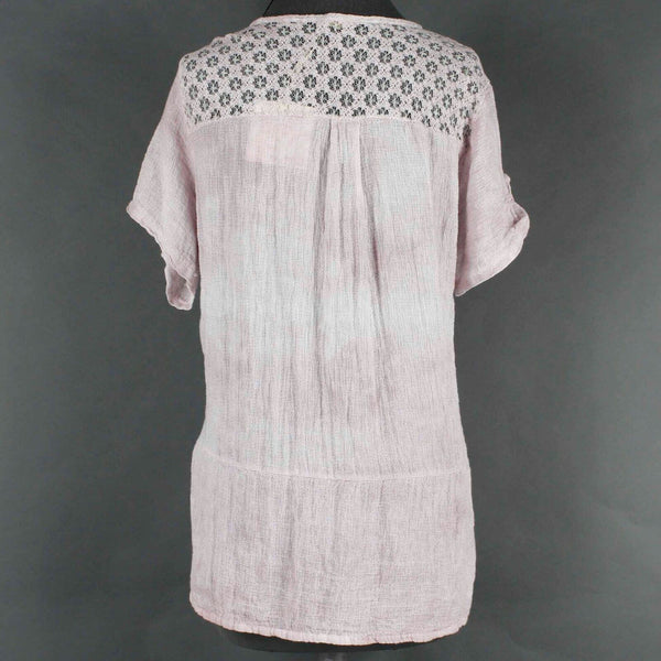 M NEW $100 Sz M Pink Ivory Lace Textured Round Bottom Pullover Woven Top