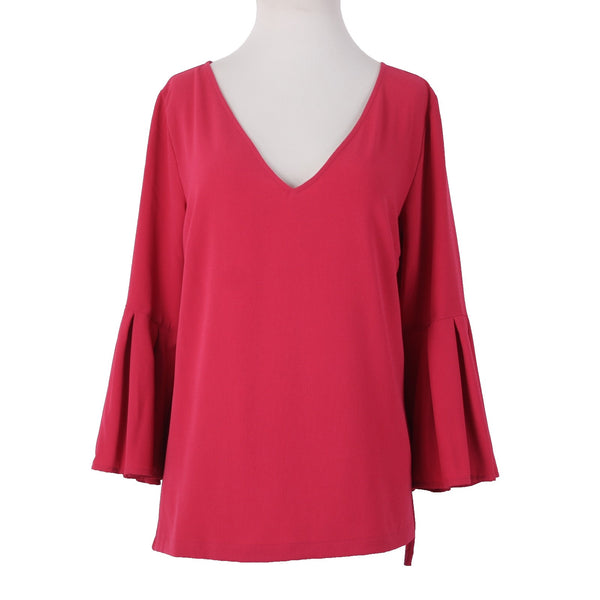 7th Avenue Top NEW $50 Sz M Magenta Pink Bell Sleeve V Neck Poly Spandex Top