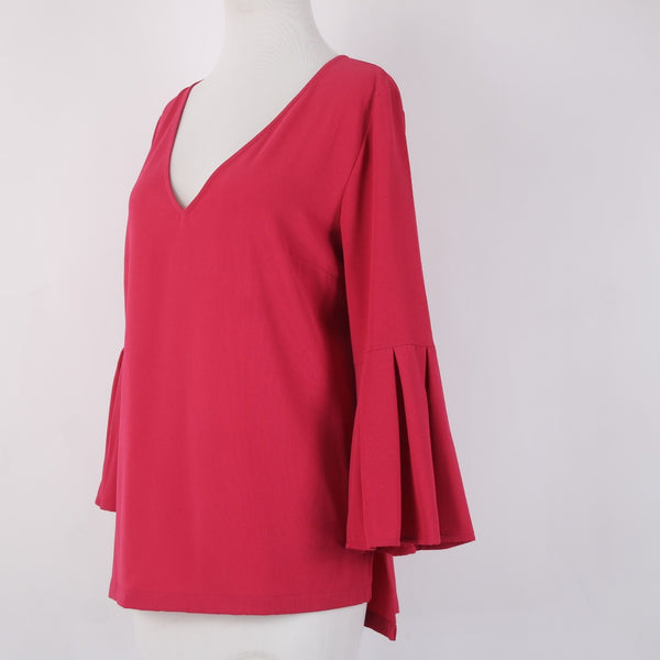 7th Avenue Top NEW $50 Sz M Magenta Pink Bell Sleeve V Neck Poly Spandex Top