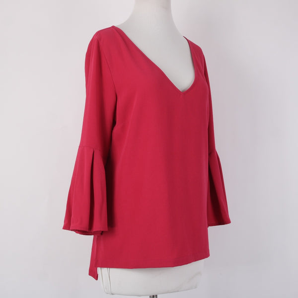 7th Avenue Top NEW $50 Sz M Magenta Pink Bell Sleeve V Neck Poly Spandex Top