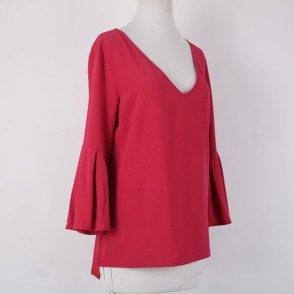 7th Avenue Top NEW $50 Sz M Magenta Pink Bell Sleeve V Neck Poly Spandex Top