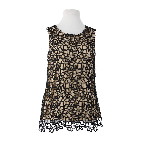 Neiman Marcus Lela Rose Sz S Tan Black Floral Overlay Sleeveless Cotton Silk Top