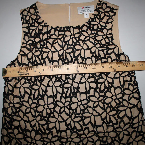 Neiman Marcus Lela Rose Sz S Tan Black Floral Overlay Sleeveless Cotton Silk Top