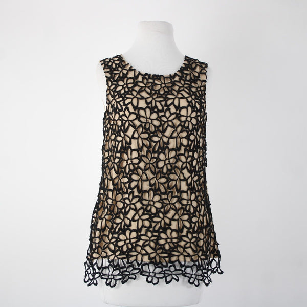 Neiman Marcus Lela Rose Sz S Tan Black Floral Overlay Sleeveless Cotton Silk Top